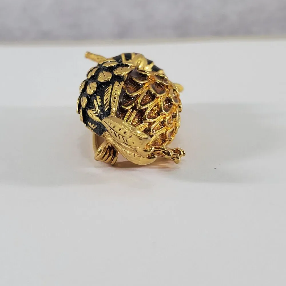 Chubby Vintage Owl Brooch Gold Tone Enamel Black Faceted Eyes Mid Century